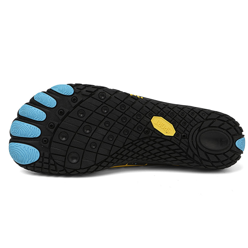 Breathable lightweight barefoot running shoes, side view.