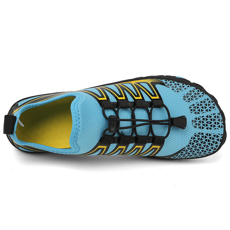 Barefoot running shoes with flexible sole and wide toe box.