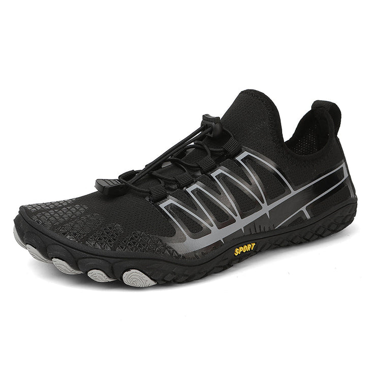 Natural running shoes with breathable upper and wide toe box.
