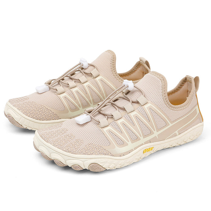 Flexible minimalist running shoes, promoting foot strength.
