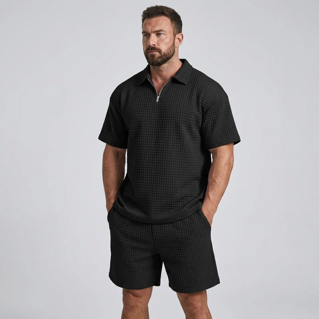 Unisex lightweight poly-cotton leisure shorts set with waffle texture, perfect for summer comfort & casual wear.