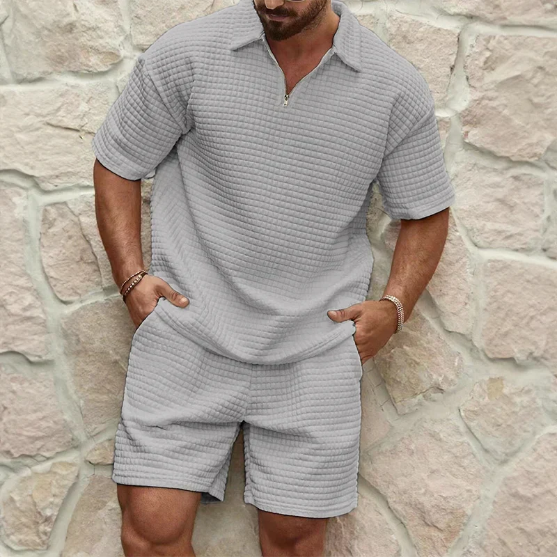 Comfortable unisex summer leisure shorts set. Lightweight & breathable poly-cotton two-piece for casual wear.