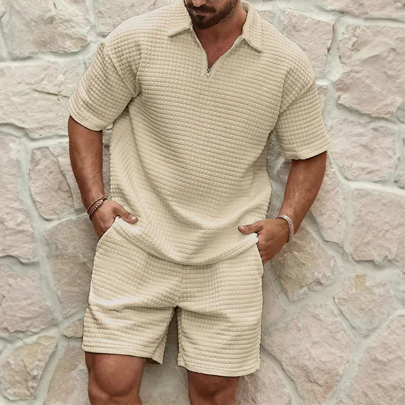Soft, breathable poly-cotton summer shorts set. Unisex loungewear with waffle texture for ultimate comfort.