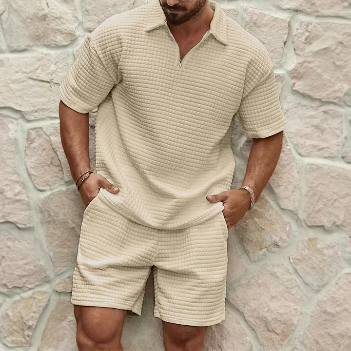 Soft, breathable poly-cotton summer shorts set. Unisex loungewear with waffle texture for ultimate comfort.