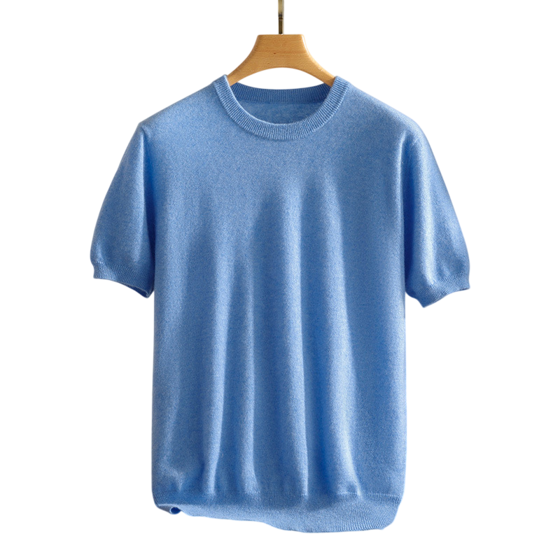 Detail of the classic crewneck on a soft, breathable unisex cashmere tee, perfect for luxurious comfort.