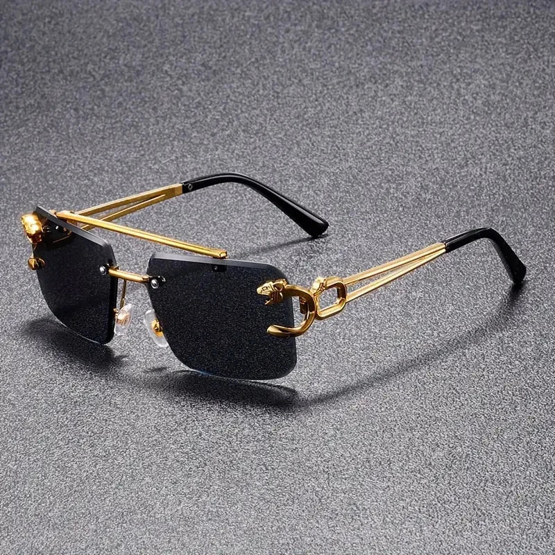 Close-up of the temple on unisex luxury sunglasses, revealing a subtle brand detail; fashionable travel accessory.