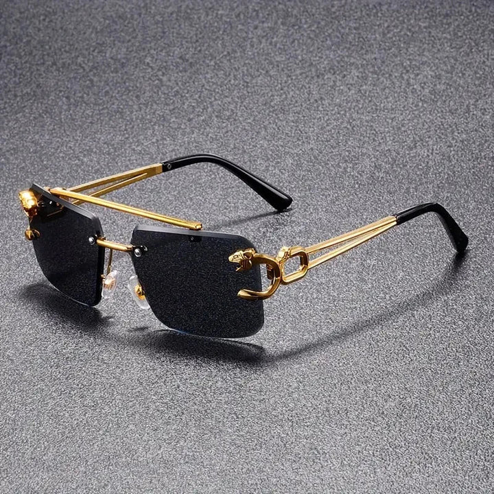 Close-up of the temple on unisex luxury sunglasses, revealing a subtle brand detail; fashionable travel accessory.