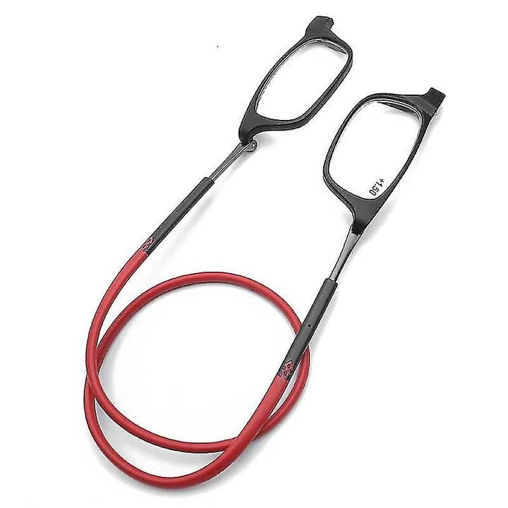Red magnetic reading glasses, adjustable and neck-hanging design for unisex convenience and clear vision.