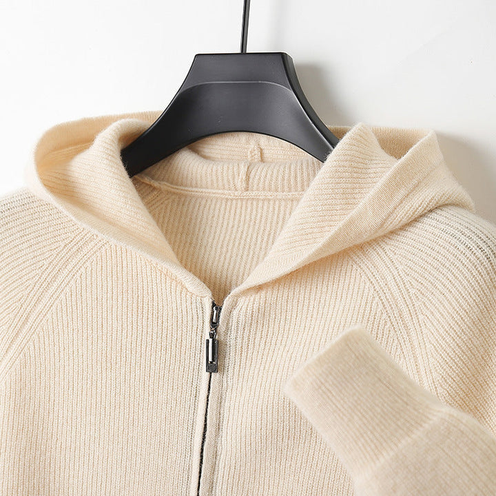Hanger shot of a Unisex Merino Wool Full-Zip Hoodie, showcasing the premium merino wool fabric.