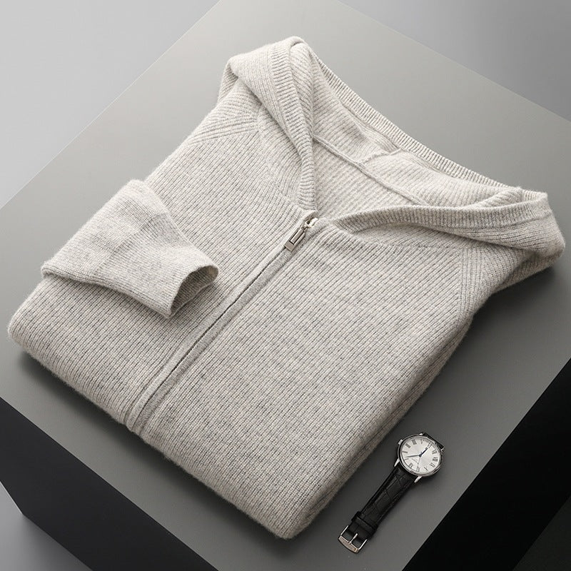 Model wearing a black Unisex Merino Wool Full-Zip Hoodie, demonstrating its versatile casual style.
