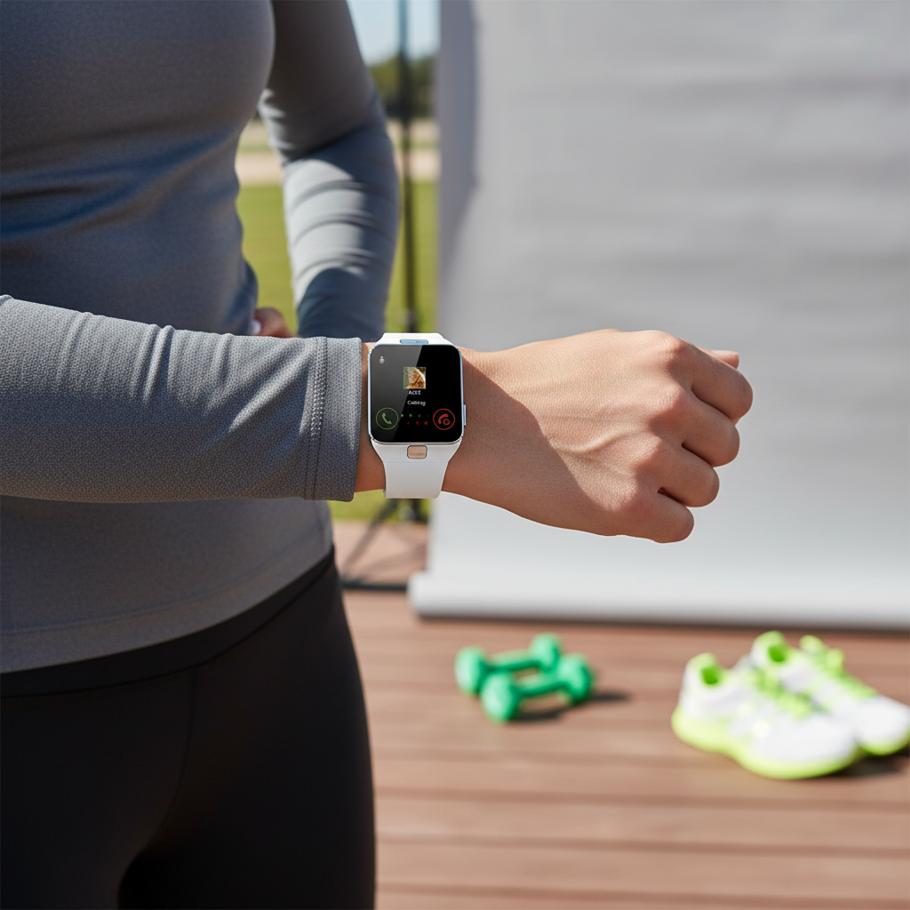 Unisex Modern Smartwatch with rectangular touch display & silicone strap. Fitness & activity tracker tech gadget.