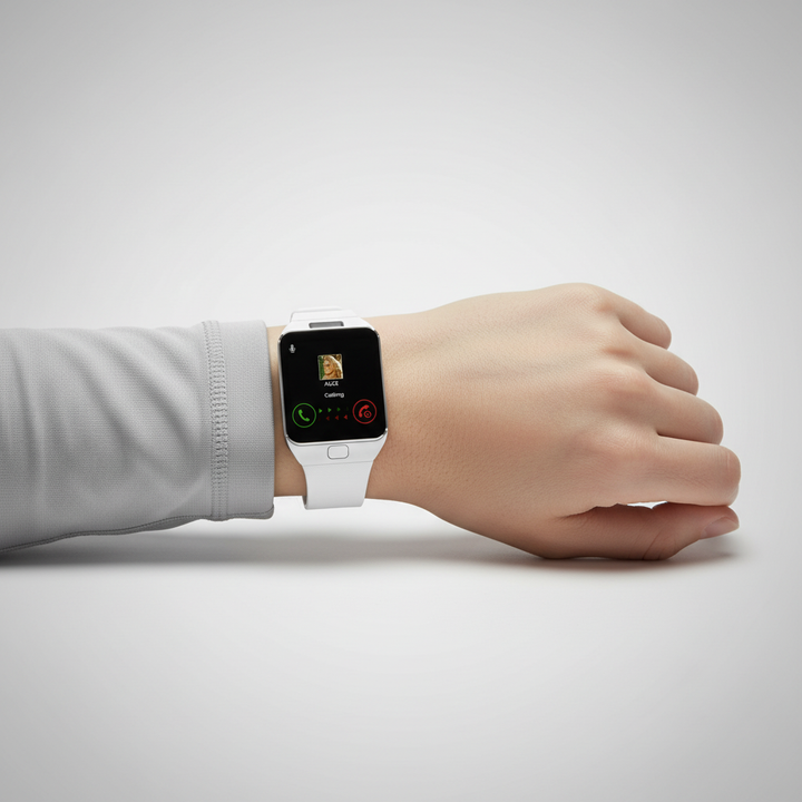 Wearable tech smartwatch featuring a rectangular touch screen display & comfortable silicone wristband.