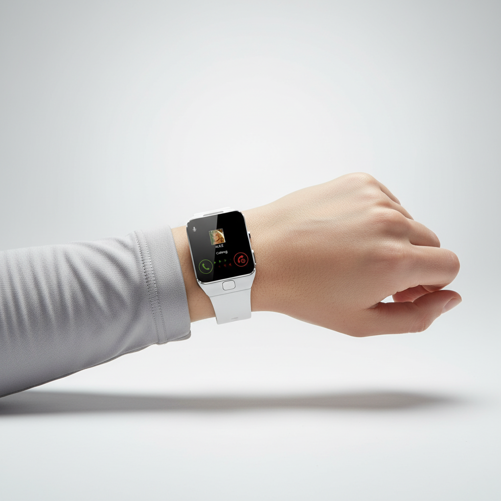 Sleek unisex smartwatch with a rectangular touch display & black silicone strap. A modern communication device.