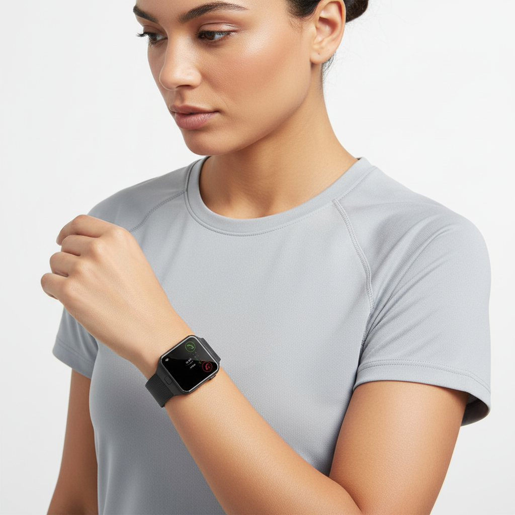 Cutting-edge tech gadget: a unisex smartwatch with a rectangular display & durable silicone activity tracker.