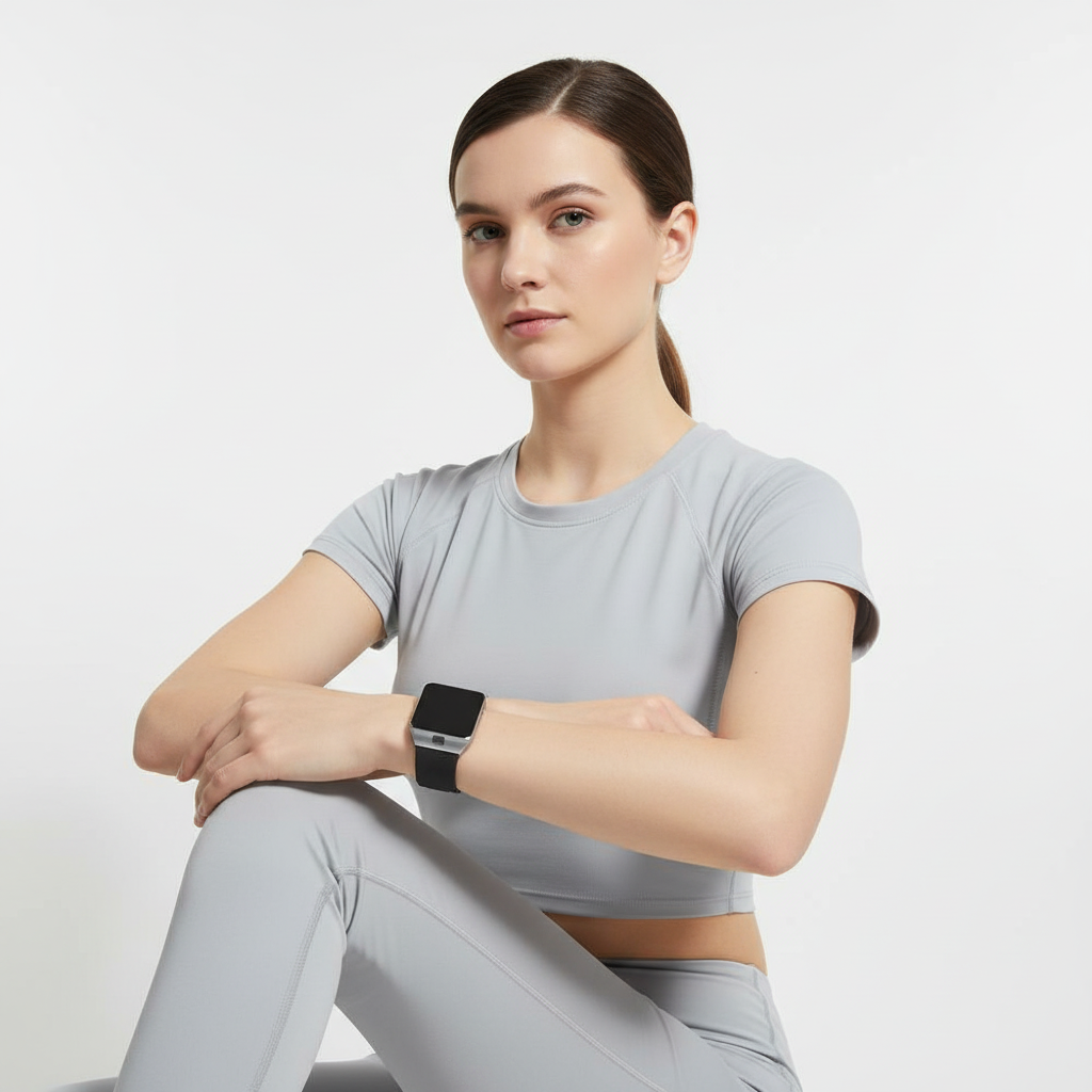Modern accessory: a unisex digital smartwatch with a rectangular touch display, perfect for fitness tracking.