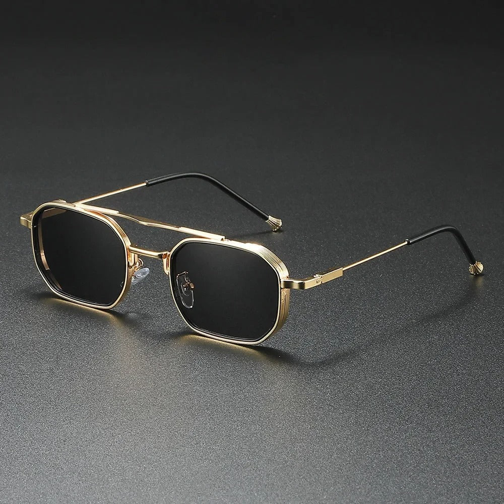 Unisex modern square frame sunglasses with dark lenses, showing stylish UV protection.