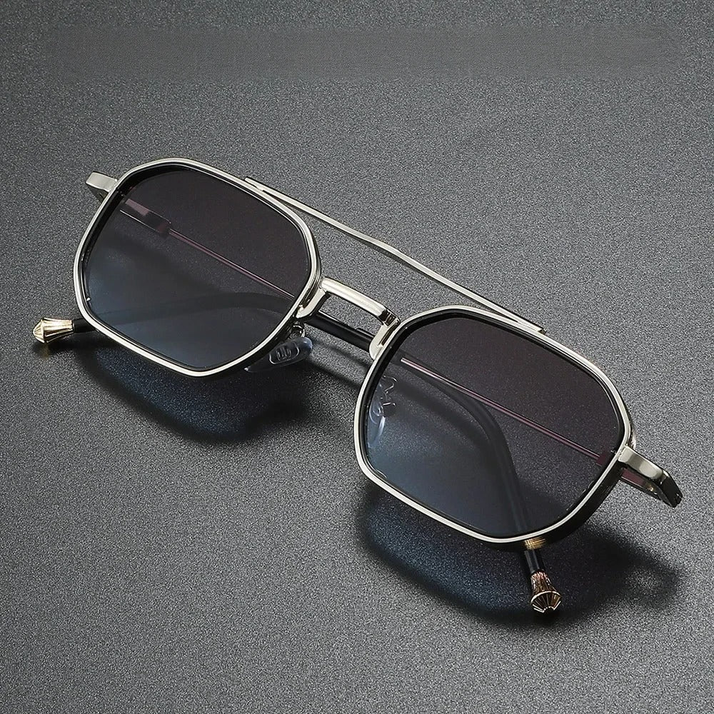 Close-up of modern square frame sunglasses, unisex design, highlighting quality craftsmanship.