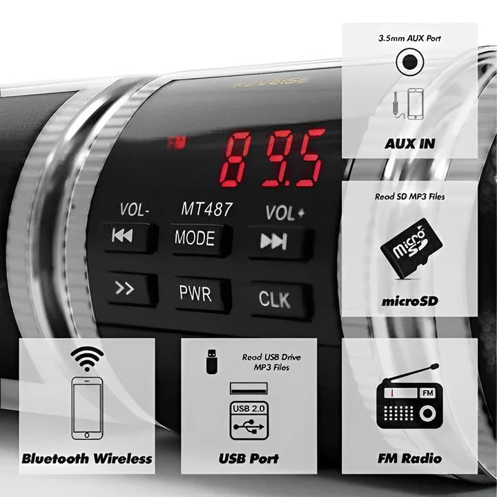 Waterproof Bluetooth sound system for motorcycles. Handlebar-mounted stereo with FM radio & USB playback.