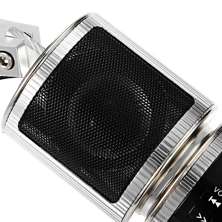 Easy-mount motorcycle Bluetooth speaker & audio system. Features FM radio, USB input for MP3s. Durable & waterproof.