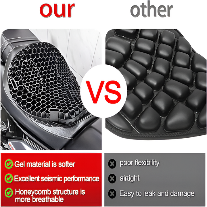 Essential motorcycle rider accessory: a gel seat pad designed for ultimate comfort on any long distance trip.