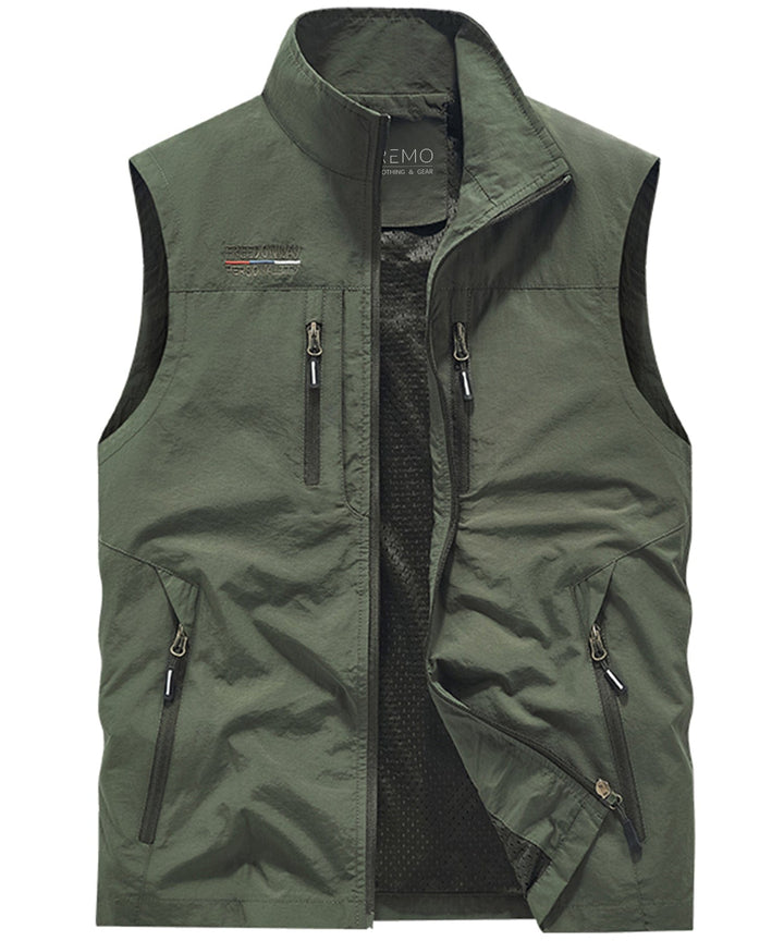 Close-up of the breathable fabric on a multi-pocket travel vest, suitable for adventure wear.