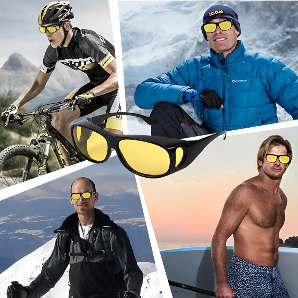 Polycarbonate anti-glare night driving glasses, reducing glare for improved vision and driver safety.