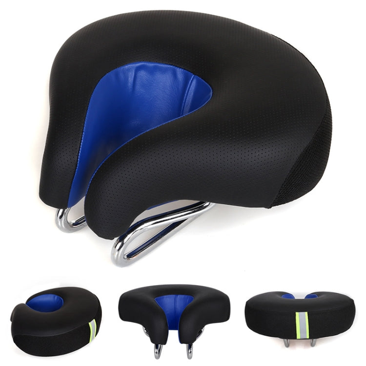 Unisex nose-less blue bicycle saddle for mountain bikes. Offers pressure relief & comfort for cyclists. Ergonomic design.
