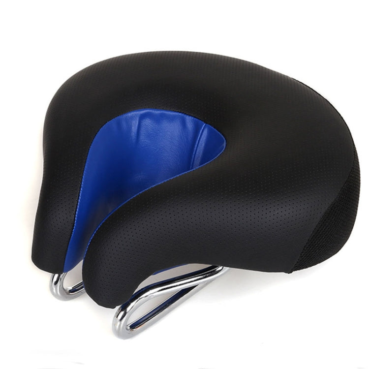 Comfort-focused blue nose-less bike seat for mountain biking. Unisex design provides essential pressure relief for long rides.