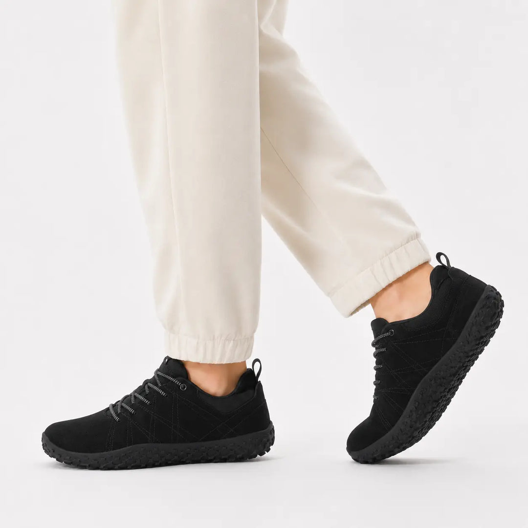 Barefoot zero drop hiking trainers, unisex, wide toe box, promoting natural foot health & comfort.
