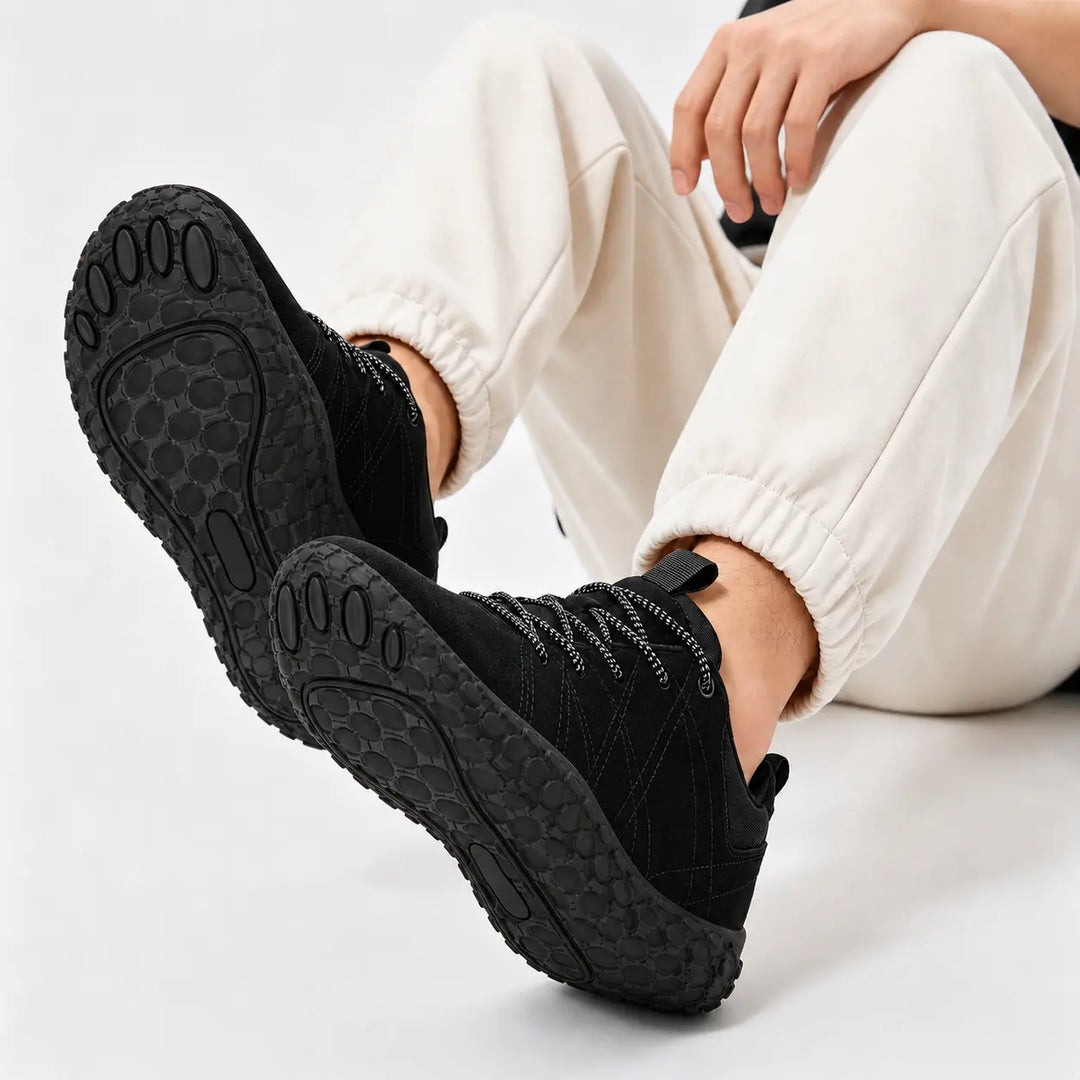 Orthopedic wide toe box barefoot walking trainers, comfortable and active for outdoor adventures.