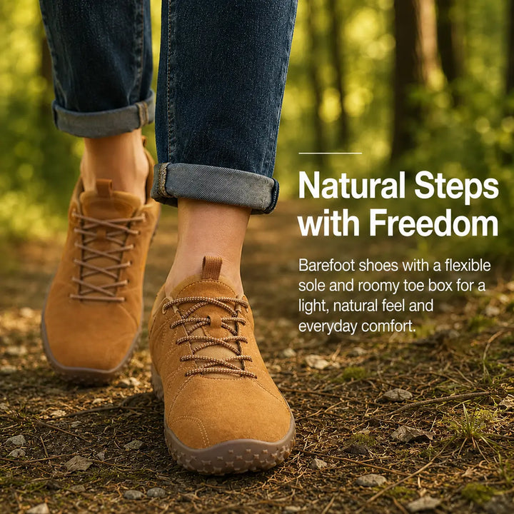 Comfortable wide toe box barefoot trainers, zero drop, ideal for hiking, walking & outdoor activities.