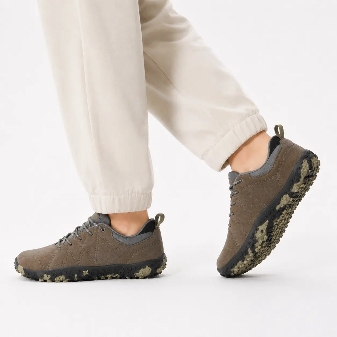 Wide toe box barefoot active trainers, orthopedic, zero drop, for comfortable outdoor hiking.