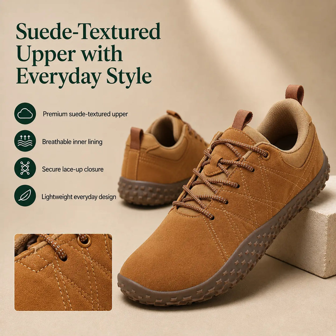 Comfortable unisex orthopedic barefoot trainers, wide toe box, zero drop, for hiking & walking.