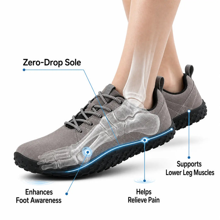 Orthopedic zero drop trainers, unisex, wide toe box, perfect for barefoot hiking & active walks.