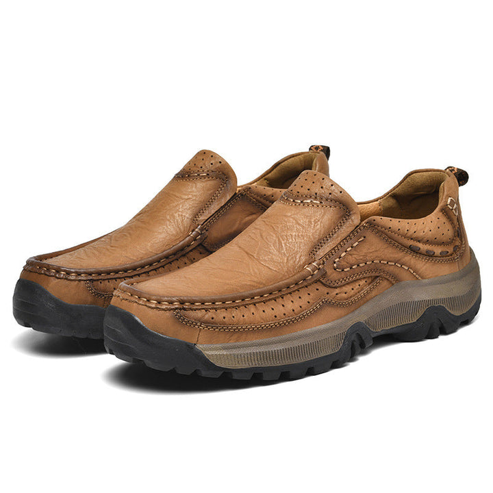 Close-up of black leather orthopedic shoe with arch support for comfortable walking