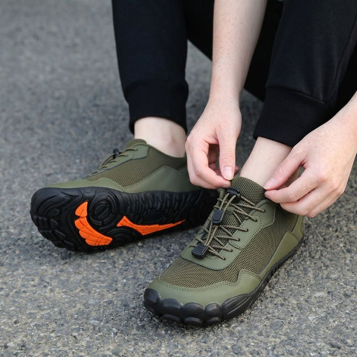 Supportive & comfortable unisex hiking shoes, wide toe box for natural barefoot walking on trails.