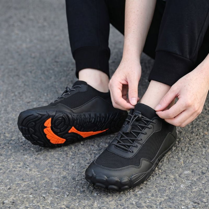 Supportive orthopedic hiking shoes, zero drop design & wide toe box for comfortable trail walking.