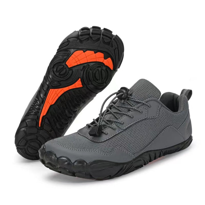 Side view of unisex orthopedic hiking shoes, wide toe box for barefoot natural fit and support.