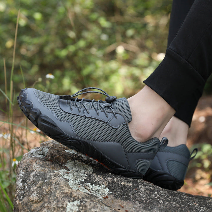 Front view of wide toe box unisex hiking shoes, promoting foot health with a natural barefoot feel.