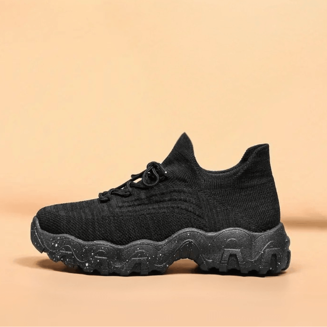 Customizable footwear bundle: black orthopedic shoes shown with various insoles and sock colors.