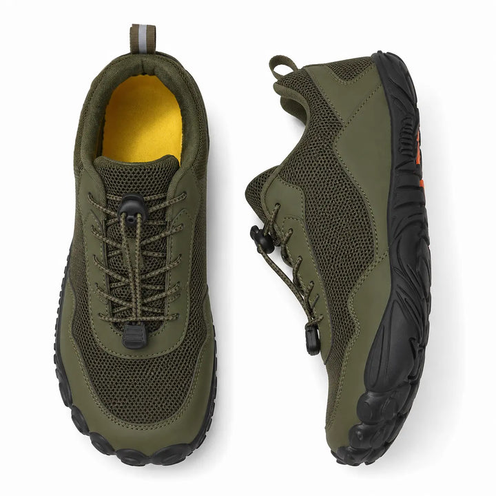 Unisex orthopedic wide toe box barefoot hiking trainers for natural comfort & trail grip.