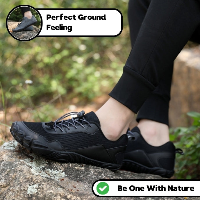 Men's & women's wide toe box barefoot shoes, flexible sole for natural hiking experience.
