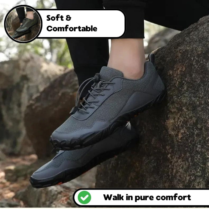 Comfortable barefoot hiking trainers, wide toe box, flexible sole, unisex for all trails.