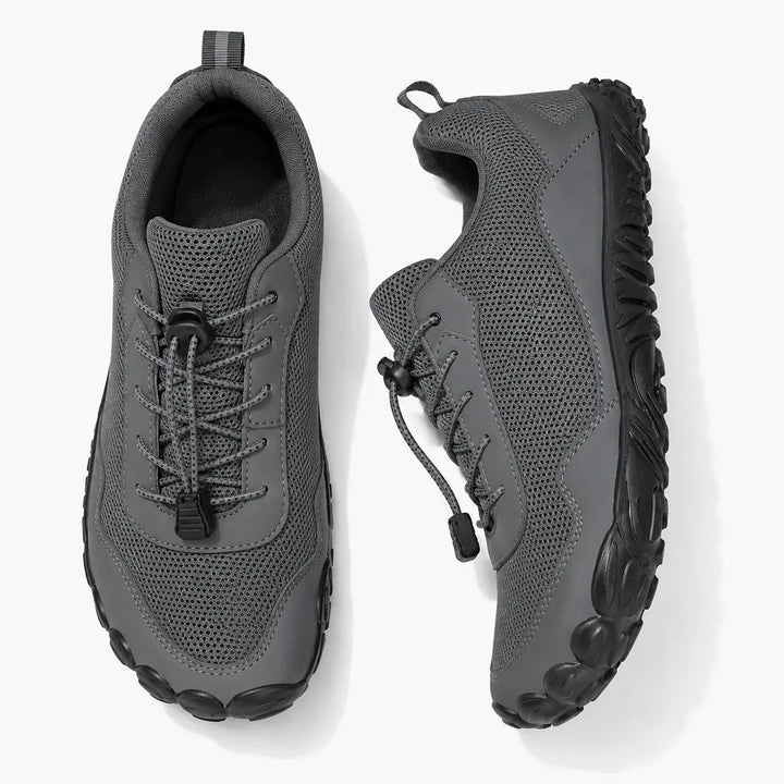 Barefoot hiking shoes with wide toe box, flexible, non-slip, comfortable for natural movement.