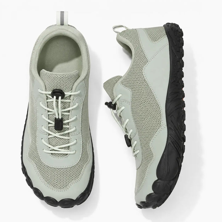 Men's & women's comfortable hiking trainers, wide toe box, flexible sole, barefoot feel.