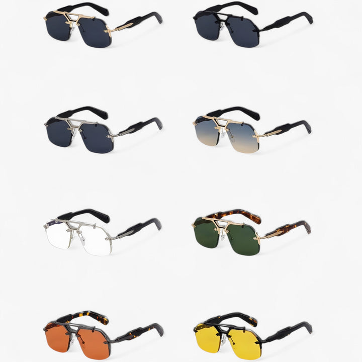 Premium oversized rimless sunglasses with vibrant mirrored lenses, designed for ultimate style & sun safety.