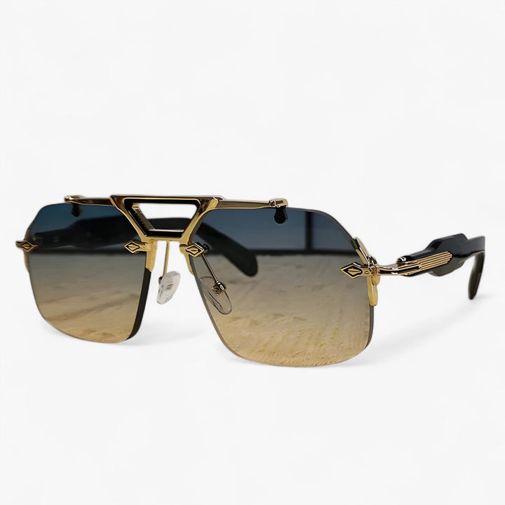 Fashionable oversized rimless sunglasses featuring sleek mirrored lenses & chic metal accents for a modern look.