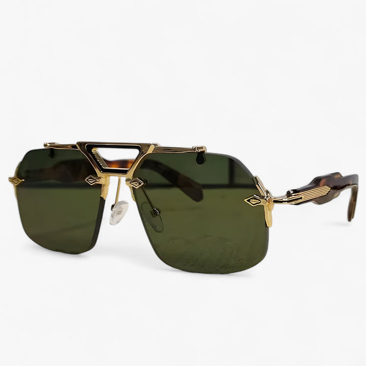 Sleek oversized rimless sunglasses with iridescent mirrored lenses, perfect for a bold & modern fashion statement.