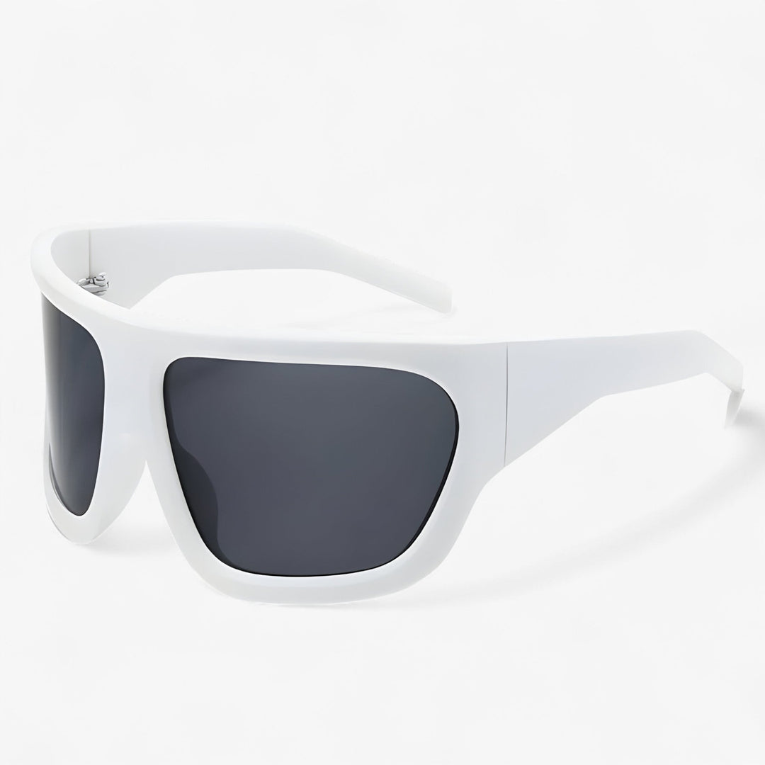 Fashionable Y2K steampunk shield sunglasses, perfect for festival and streetwear outfits.