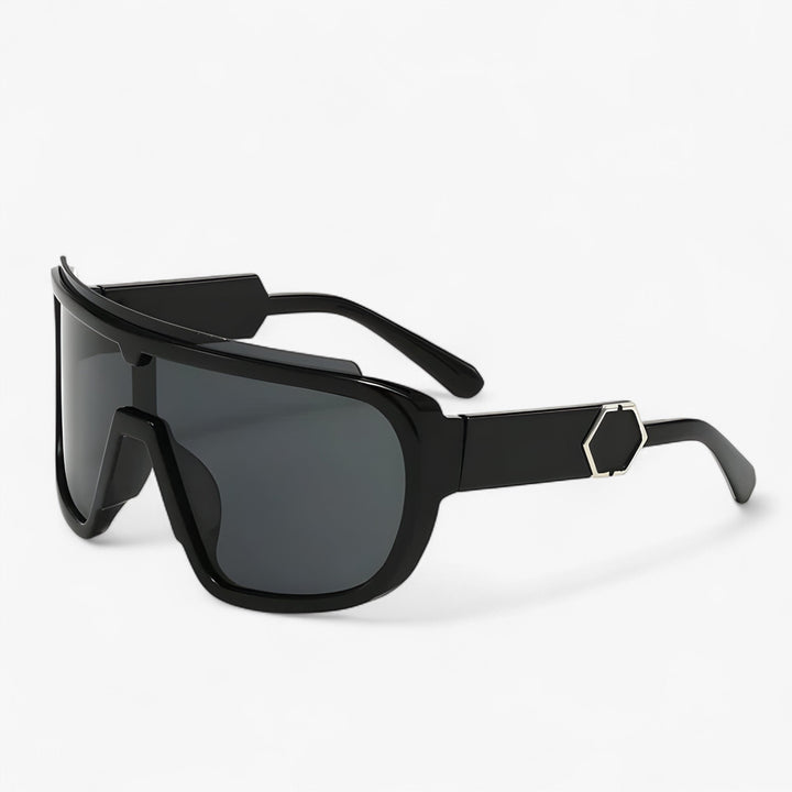 Unisex oversized wraparound shield sunglasses, providing UV400 protection & a futuristic trendy look.